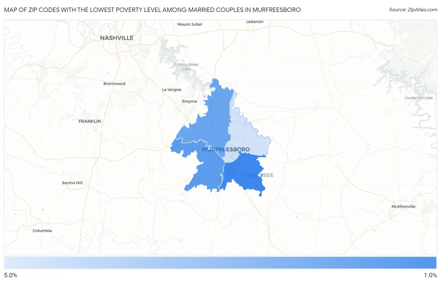 Zip Codes with the Lowest Poverty Level Among Married Couples in Murfreesboro Map
