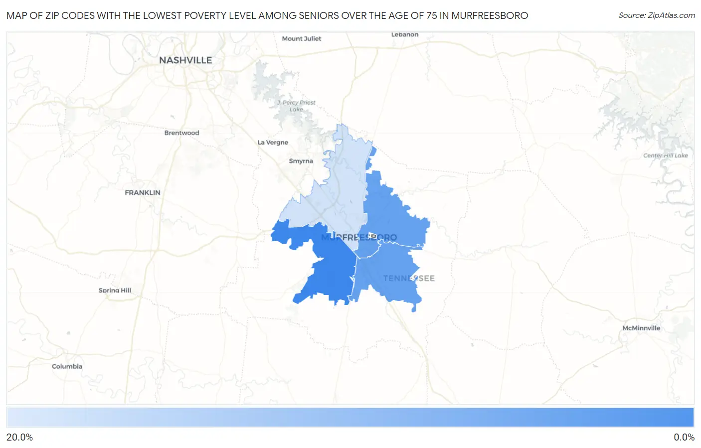 Zip Codes with the Lowest Poverty Level Among Seniors Over the Age of 75 in Murfreesboro Map
