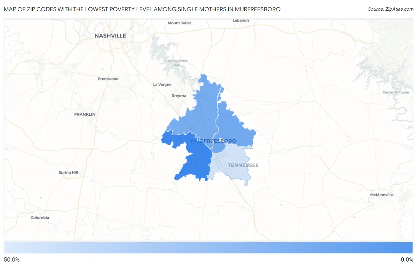 Zip Codes with the Lowest Poverty Level Among Single Mothers in Murfreesboro Map