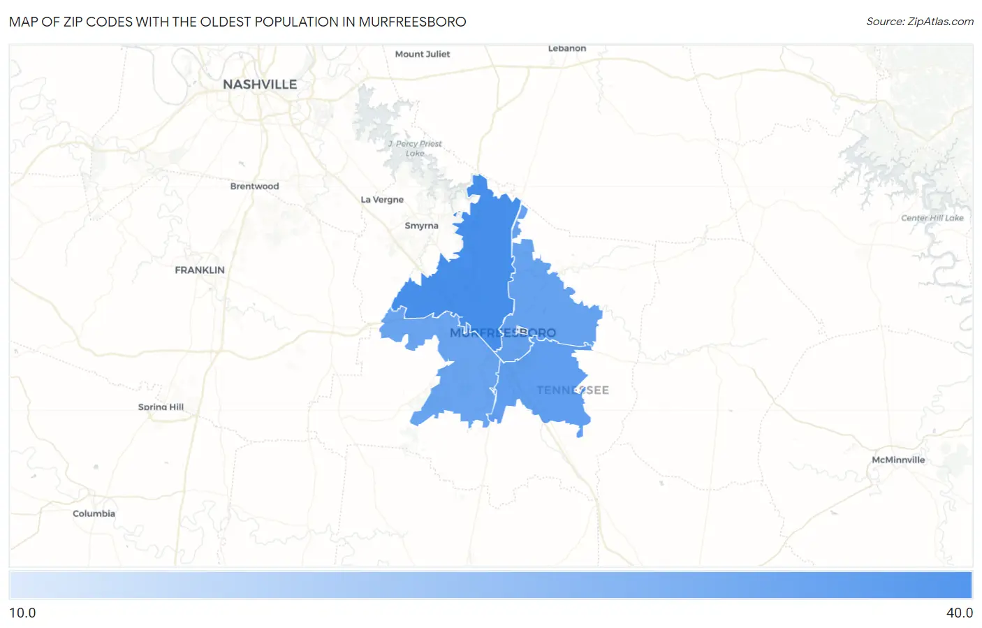 Zip Codes with the Oldest Population in Murfreesboro Map