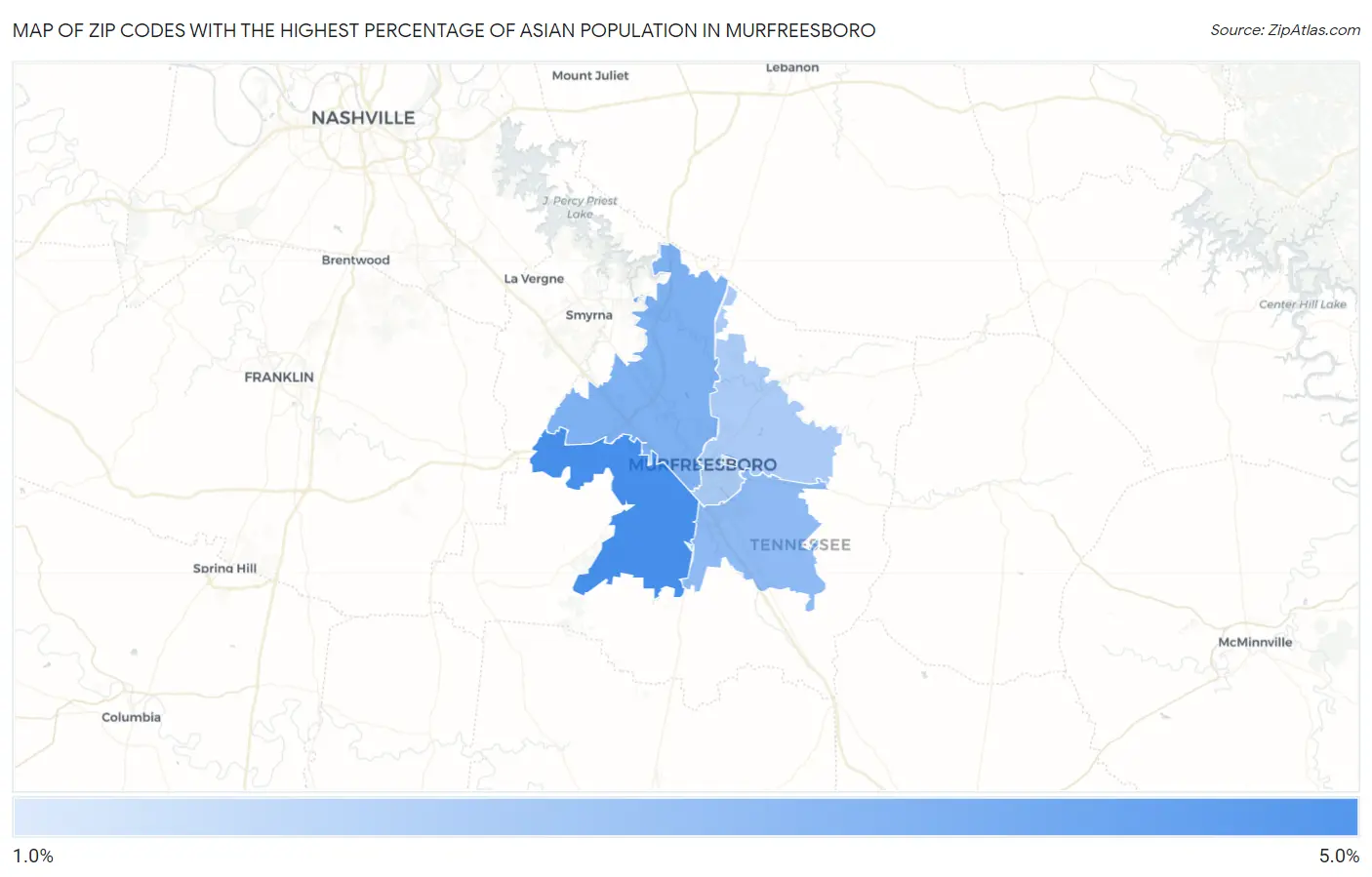 Zip Codes with the Highest Percentage of Asian Population in Murfreesboro Map