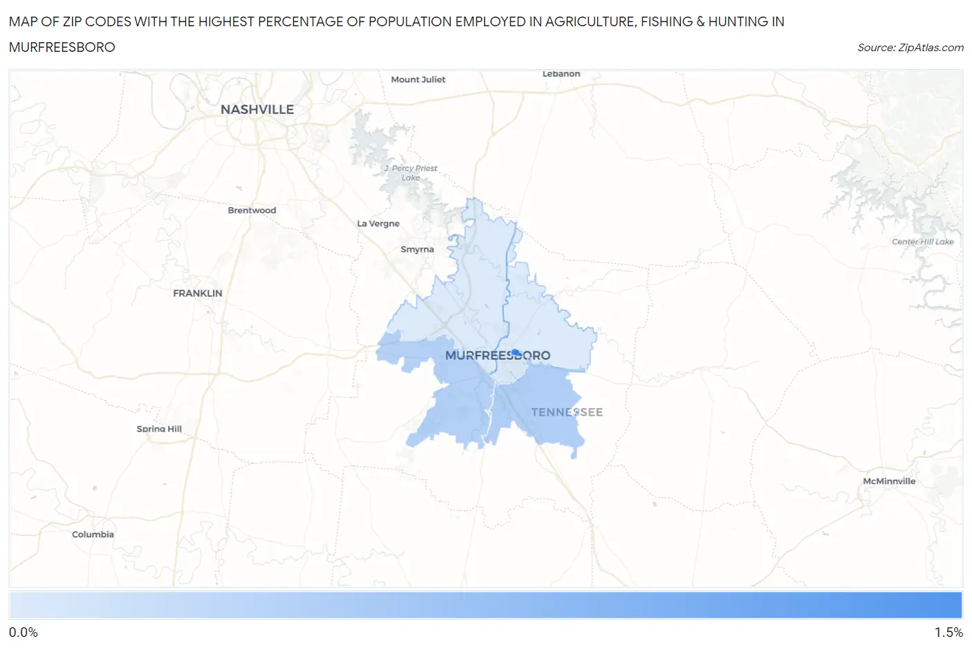 Zip Codes with the Highest Percentage of Population Employed in Agriculture, Fishing & Hunting in Murfreesboro Map