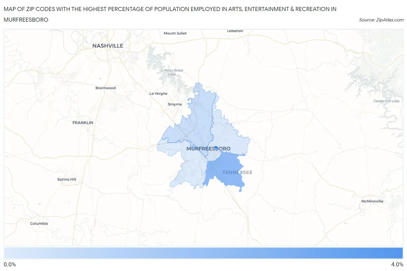 Zip Codes with the Highest Percentage of Population Employed in Arts, Entertainment & Recreation in Murfreesboro Map