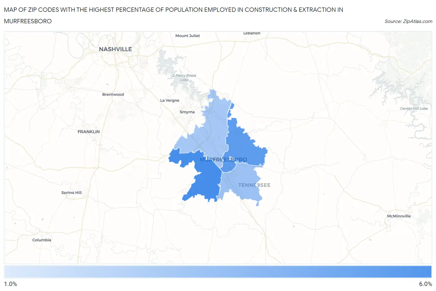 Zip Codes with the Highest Percentage of Population Employed in Construction & Extraction in Murfreesboro Map