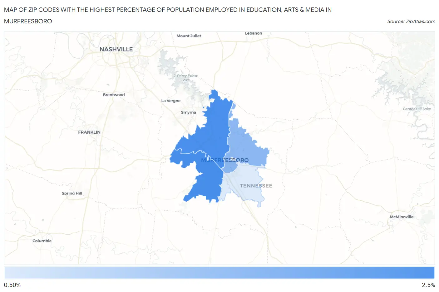 Zip Codes with the Highest Percentage of Population Employed in Education, Arts & Media in Murfreesboro Map