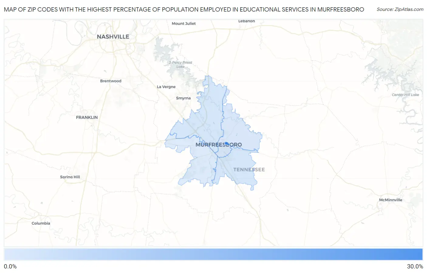 Zip Codes with the Highest Percentage of Population Employed in Educational Services in Murfreesboro Map