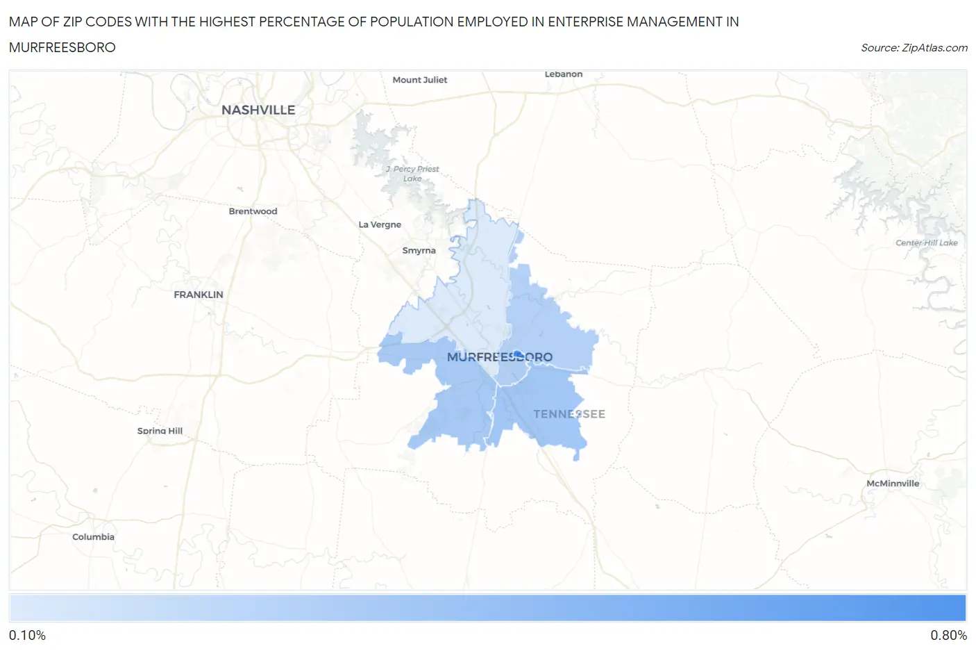 Zip Codes with the Highest Percentage of Population Employed in Enterprise Management in Murfreesboro Map