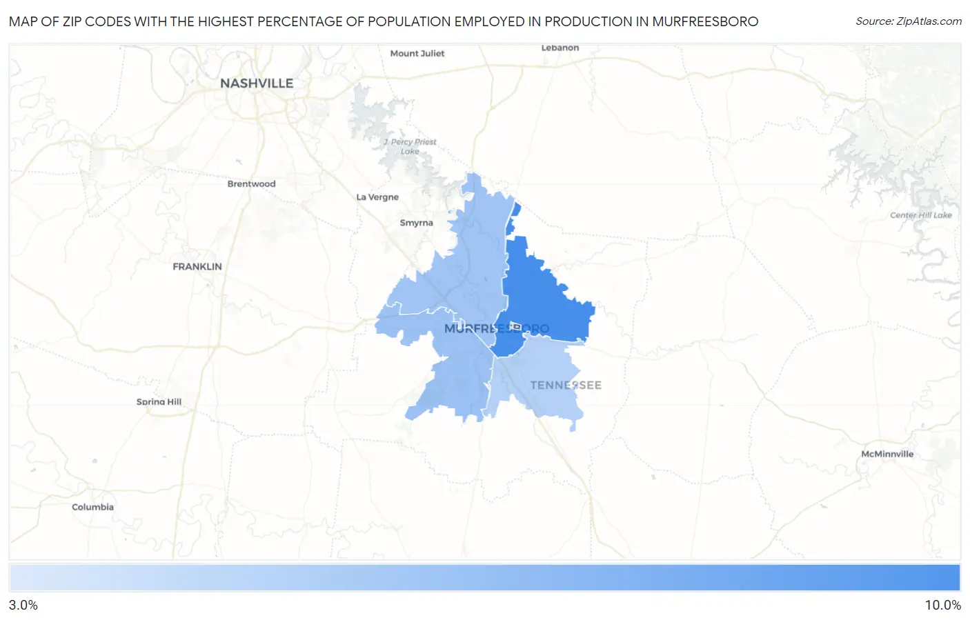 Zip Codes with the Highest Percentage of Population Employed in Production in Murfreesboro Map