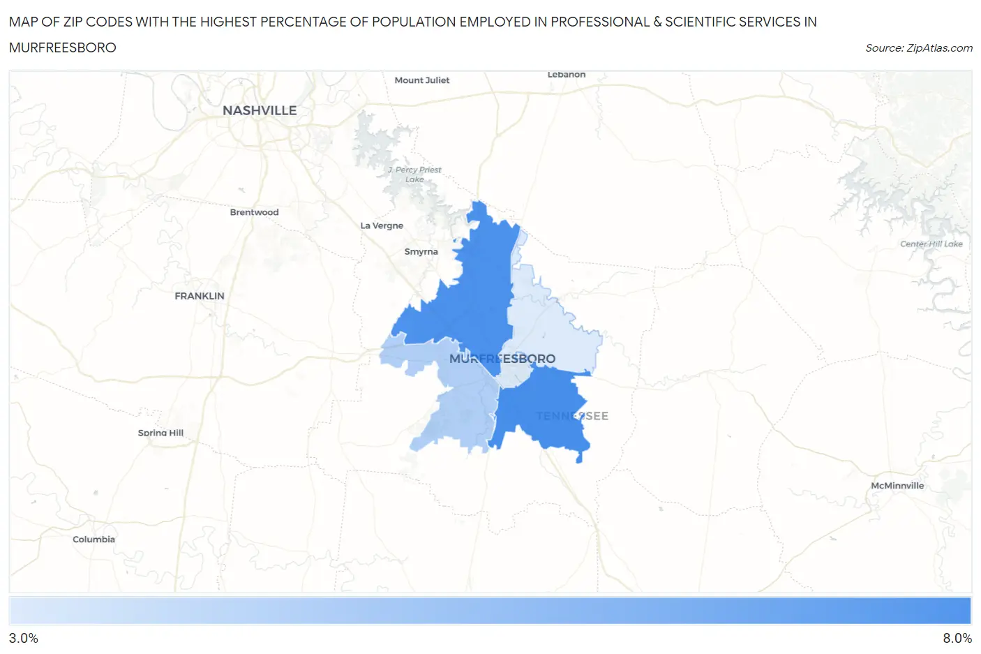 Zip Codes with the Highest Percentage of Population Employed in Professional & Scientific Services in Murfreesboro Map