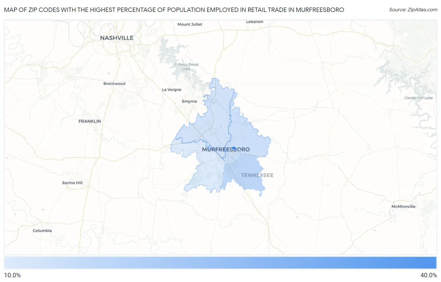 Zip Codes with the Highest Percentage of Population Employed in Retail Trade in Murfreesboro Map