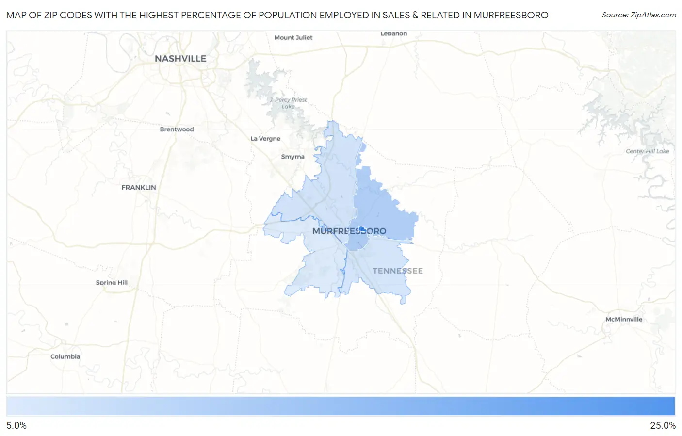Zip Codes with the Highest Percentage of Population Employed in Sales & Related in Murfreesboro Map