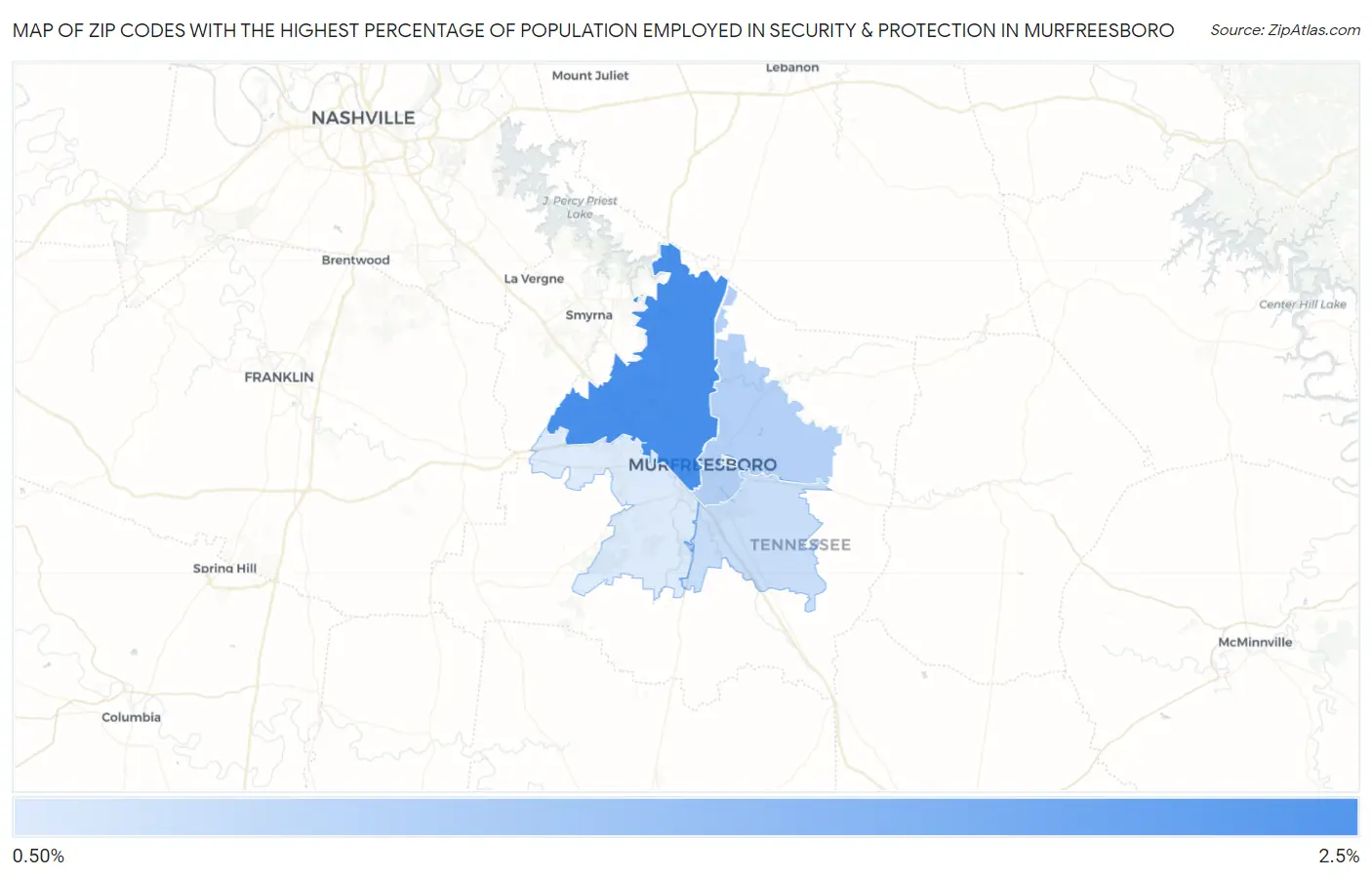 Zip Codes with the Highest Percentage of Population Employed in Security & Protection in Murfreesboro Map