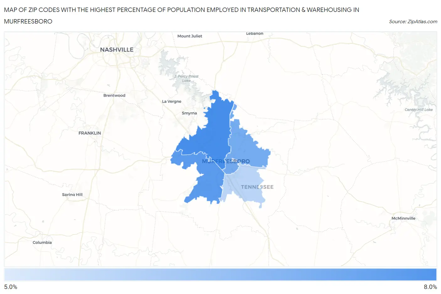 Zip Codes with the Highest Percentage of Population Employed in Transportation & Warehousing in Murfreesboro Map