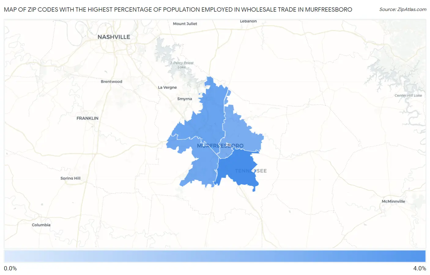 Zip Codes with the Highest Percentage of Population Employed in Wholesale Trade in Murfreesboro Map