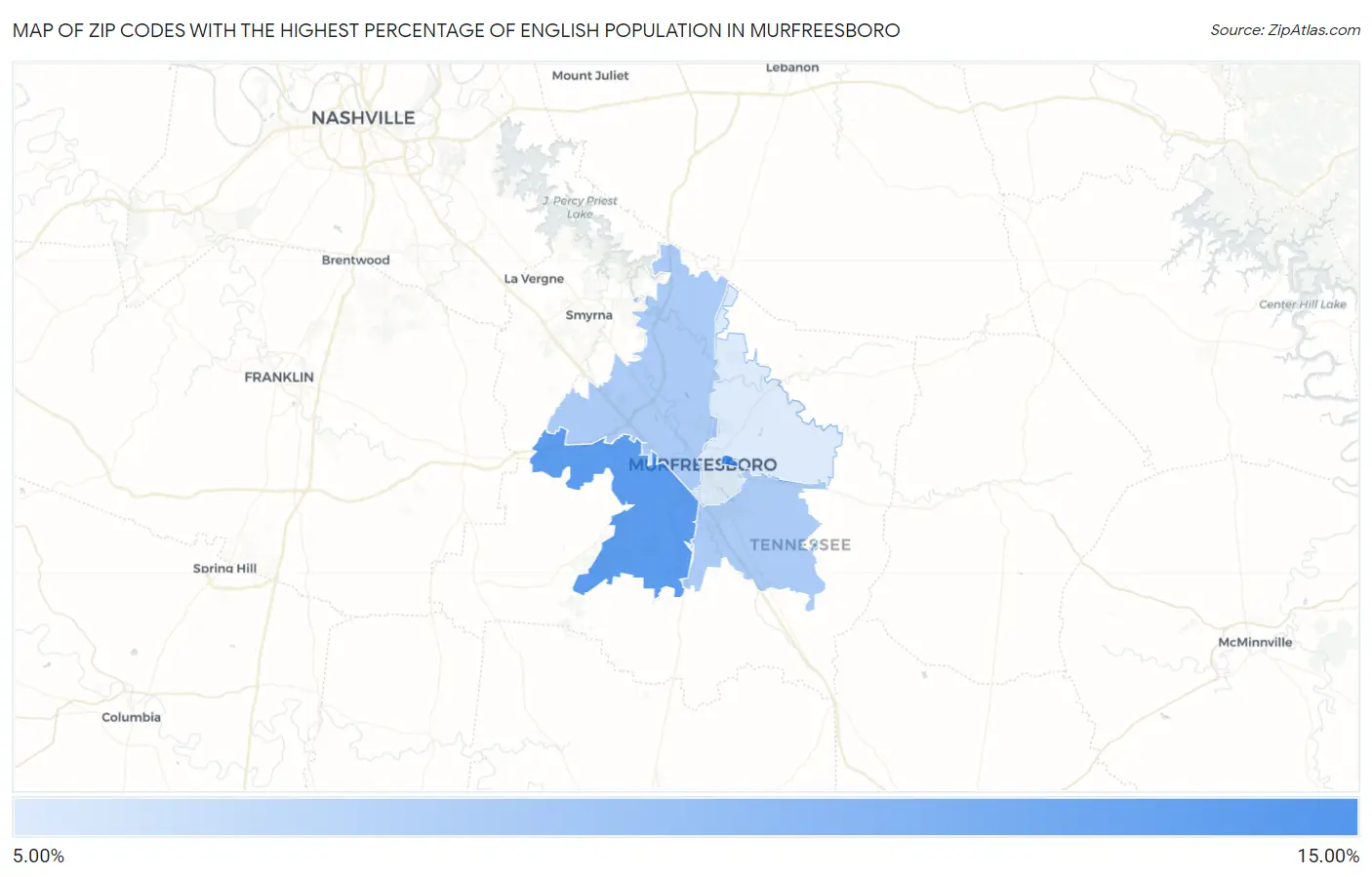 Zip Codes with the Highest Percentage of English Population in Murfreesboro Map