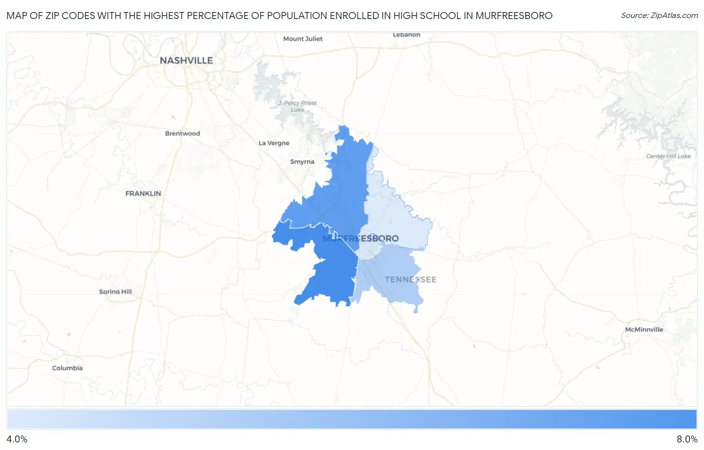 Zip Codes with the Highest Percentage of Population Enrolled in High School in Murfreesboro Map