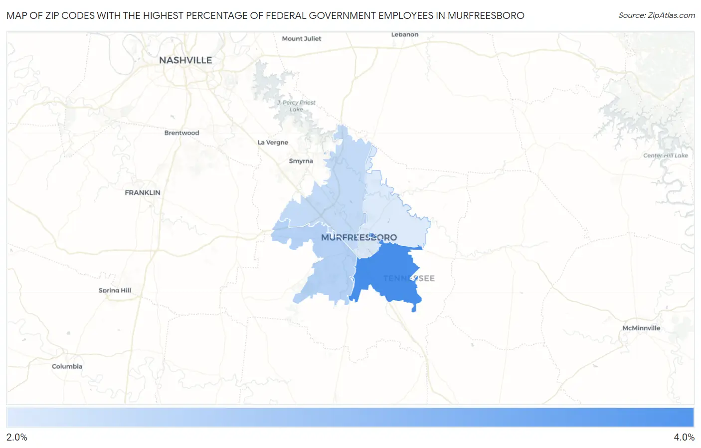 Zip Codes with the Highest Percentage of Federal Government Employees in Murfreesboro Map
