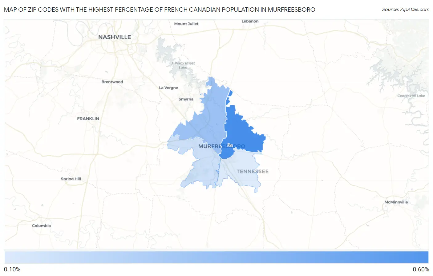 Zip Codes with the Highest Percentage of French Canadian Population in Murfreesboro Map