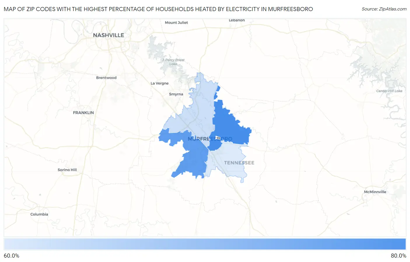 Zip Codes with the Highest Percentage of Households Heated by Electricity in Murfreesboro Map