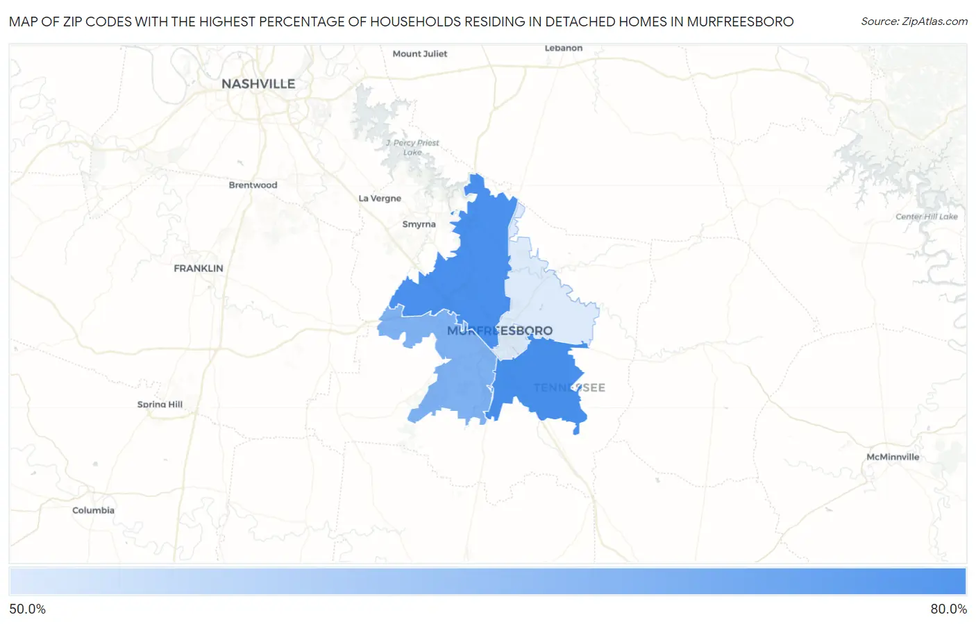 Zip Codes with the Highest Percentage of Households Residing in Detached Homes in Murfreesboro Map