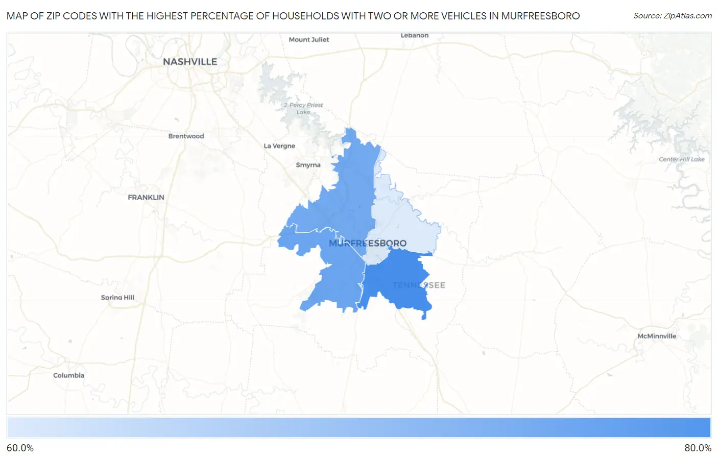 Zip Codes with the Highest Percentage of Households With Two or more Vehicles in Murfreesboro Map