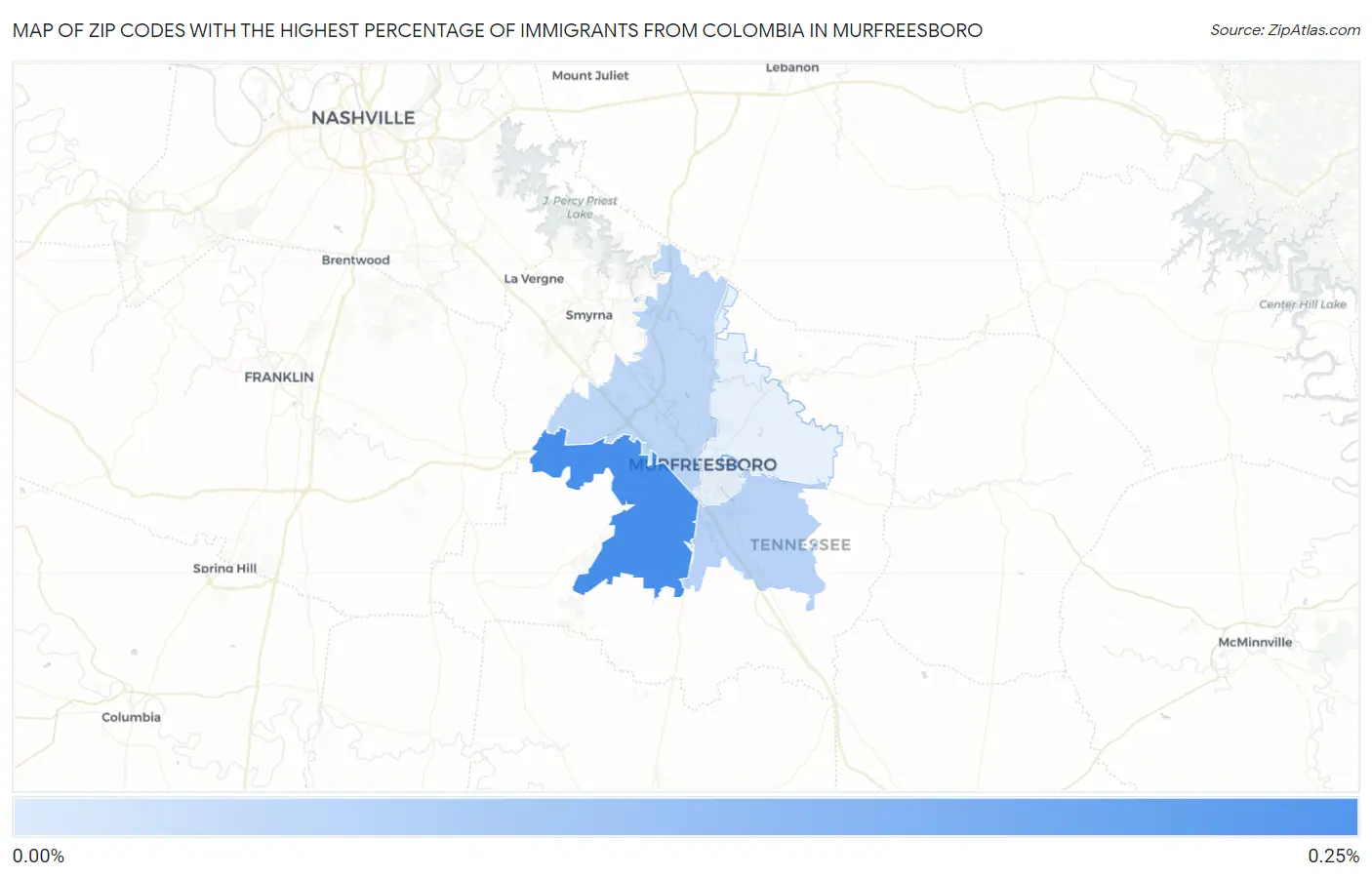 Zip Codes with the Highest Percentage of Immigrants from Colombia in Murfreesboro Map