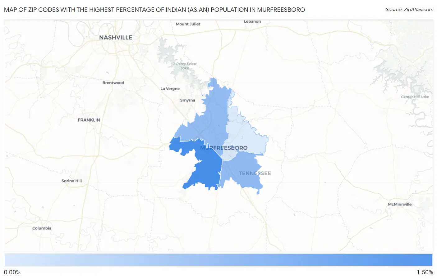 Zip Codes with the Highest Percentage of Indian (Asian) Population in Murfreesboro Map