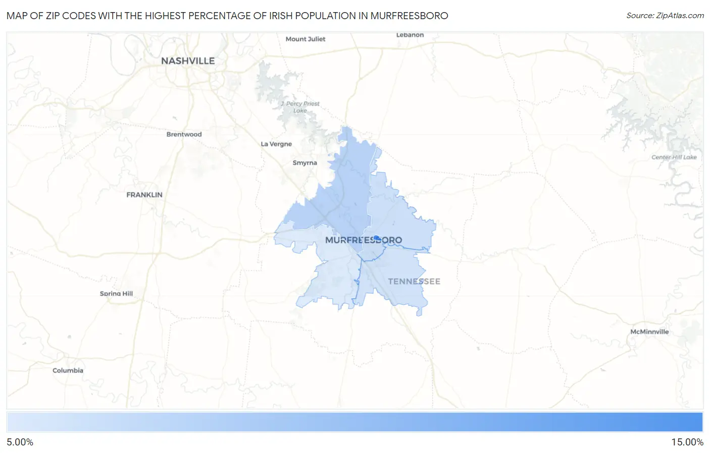 Zip Codes with the Highest Percentage of Irish Population in Murfreesboro Map