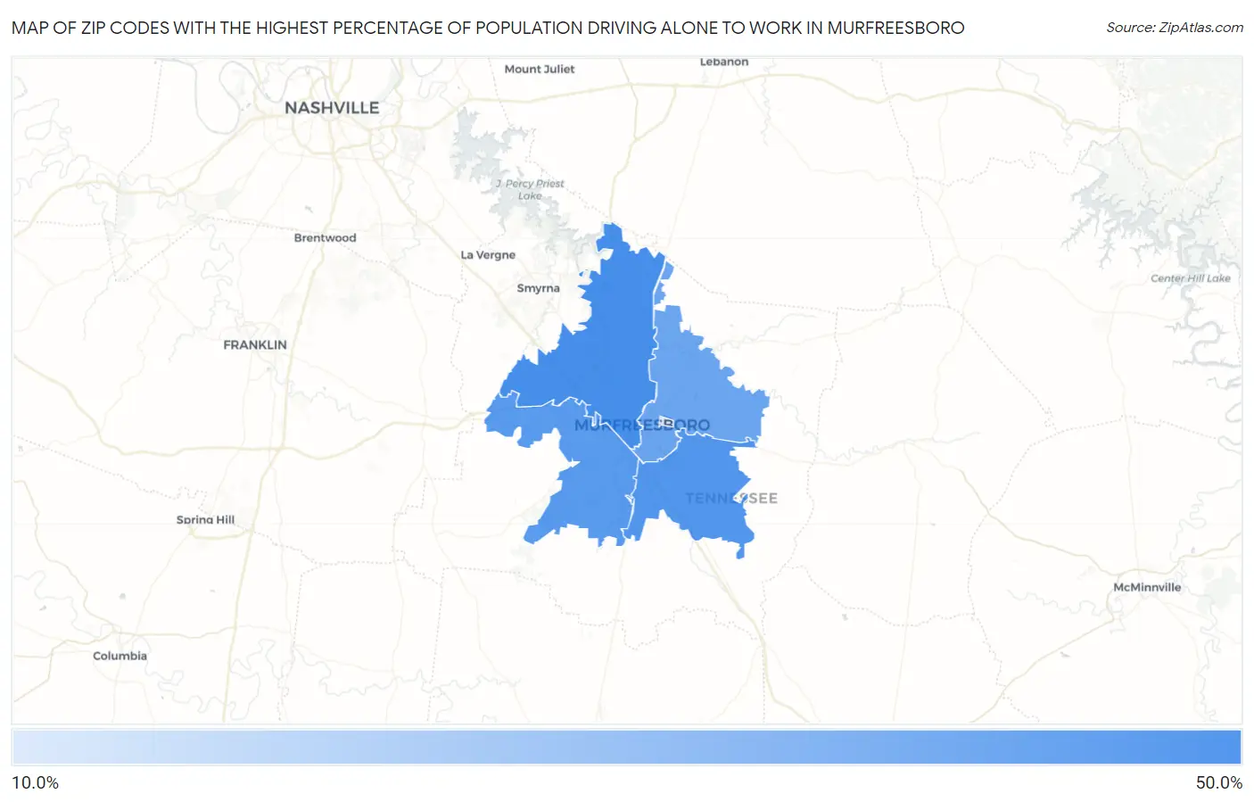 Zip Codes with the Highest Percentage of Population Driving Alone to Work in Murfreesboro Map