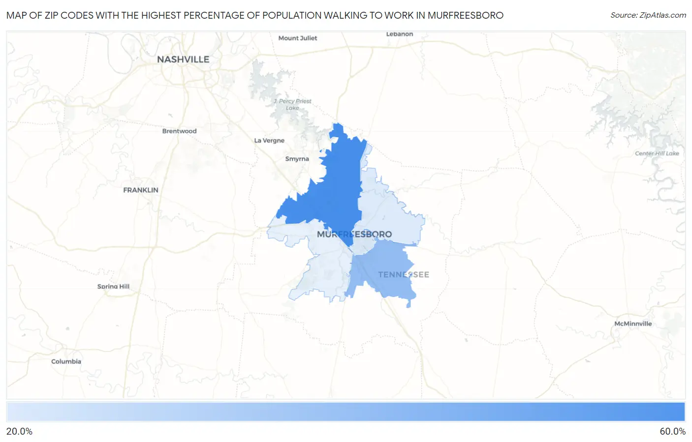 Zip Codes with the Highest Percentage of Population Walking to Work in Murfreesboro Map