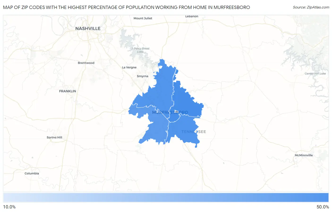 Zip Codes with the Highest Percentage of Population Working from Home in Murfreesboro Map