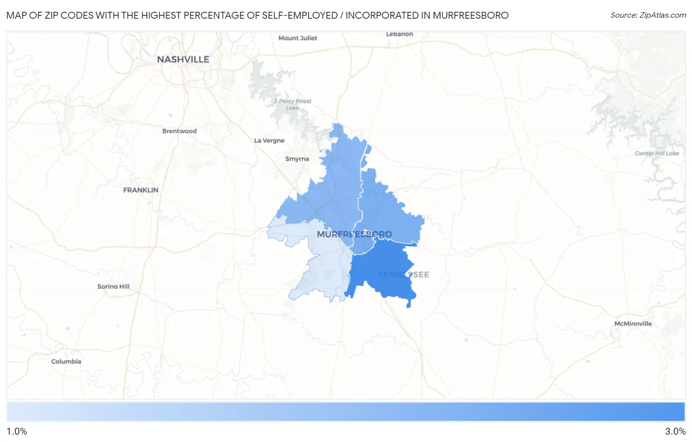 Zip Codes with the Highest Percentage of Self-Employed / Incorporated in Murfreesboro Map