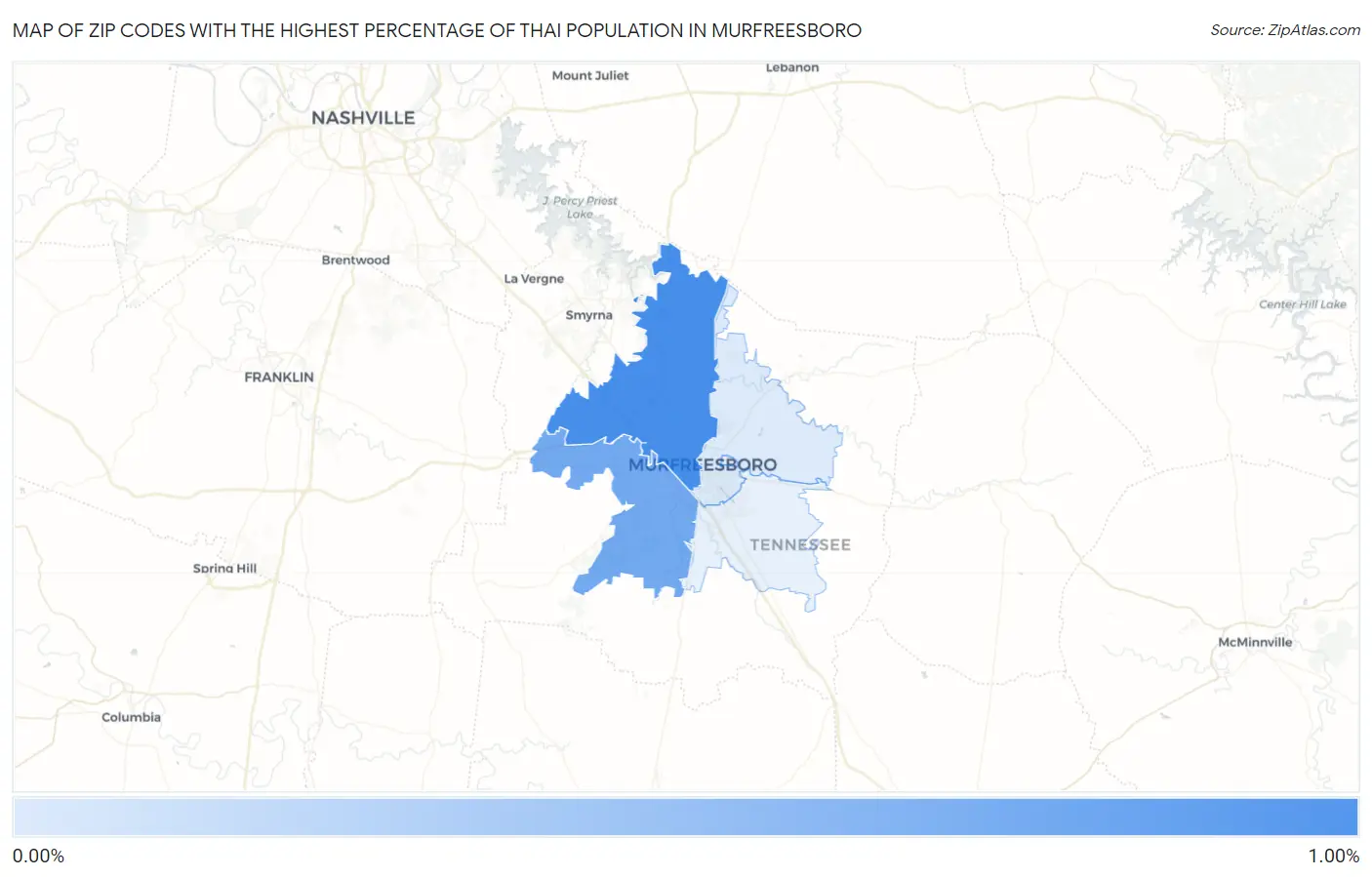 Zip Codes with the Highest Percentage of Thai Population in Murfreesboro Map