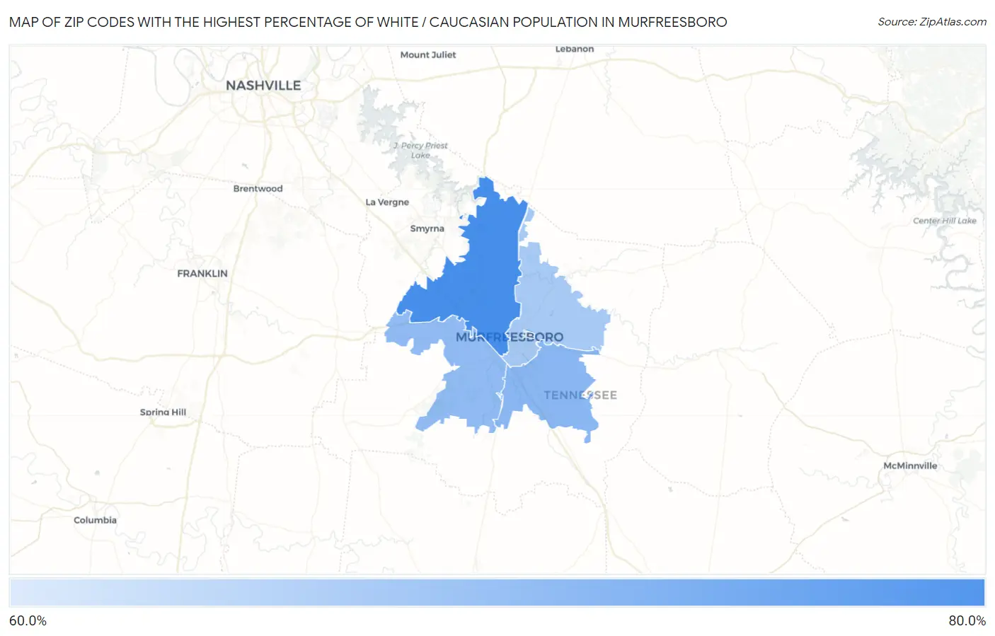 Zip Codes with the Highest Percentage of White / Caucasian Population in Murfreesboro Map