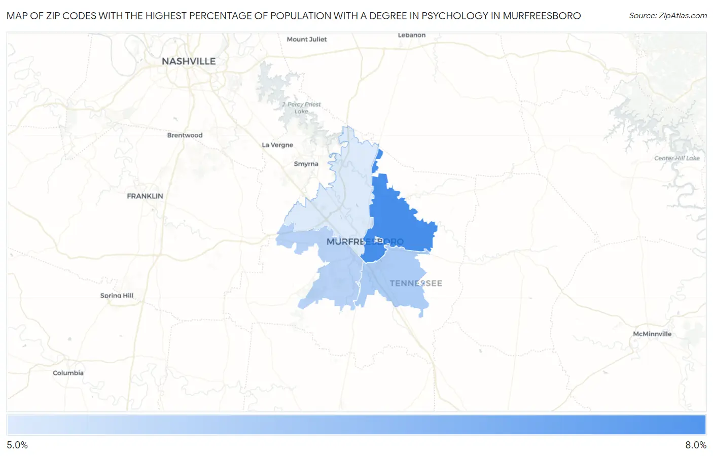 Zip Codes with the Highest Percentage of Population with a Degree in Psychology in Murfreesboro Map