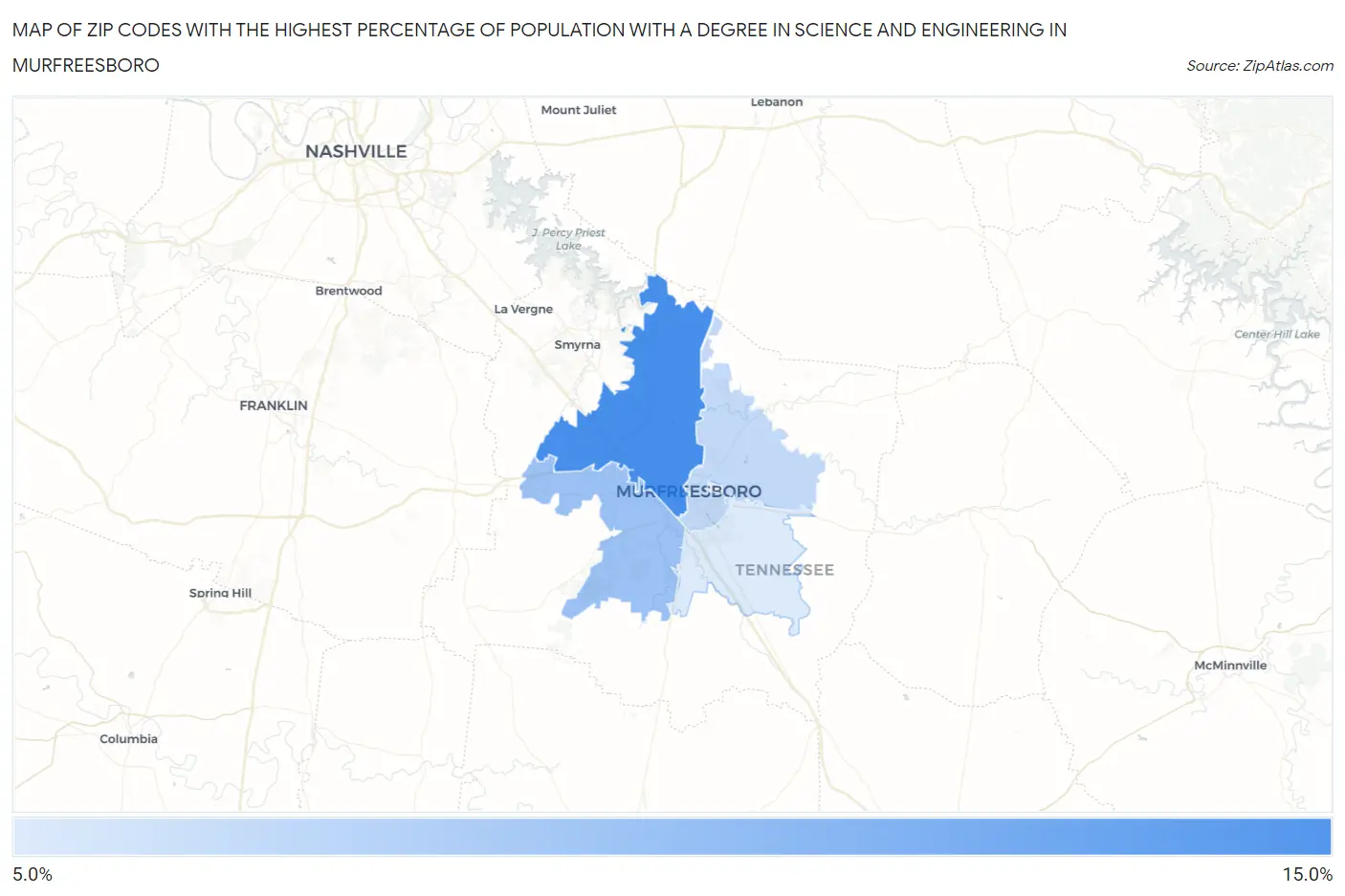 Zip Codes with the Highest Percentage of Population with a Degree in Science and Engineering in Murfreesboro Map