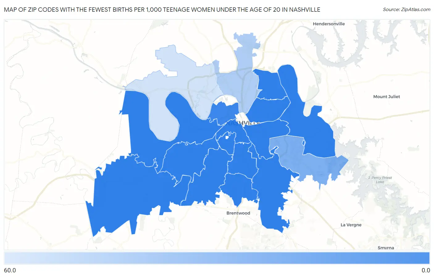 Zip Codes with the Fewest Births per 1,000 Teenage Women Under the Age of 20 in Nashville Map