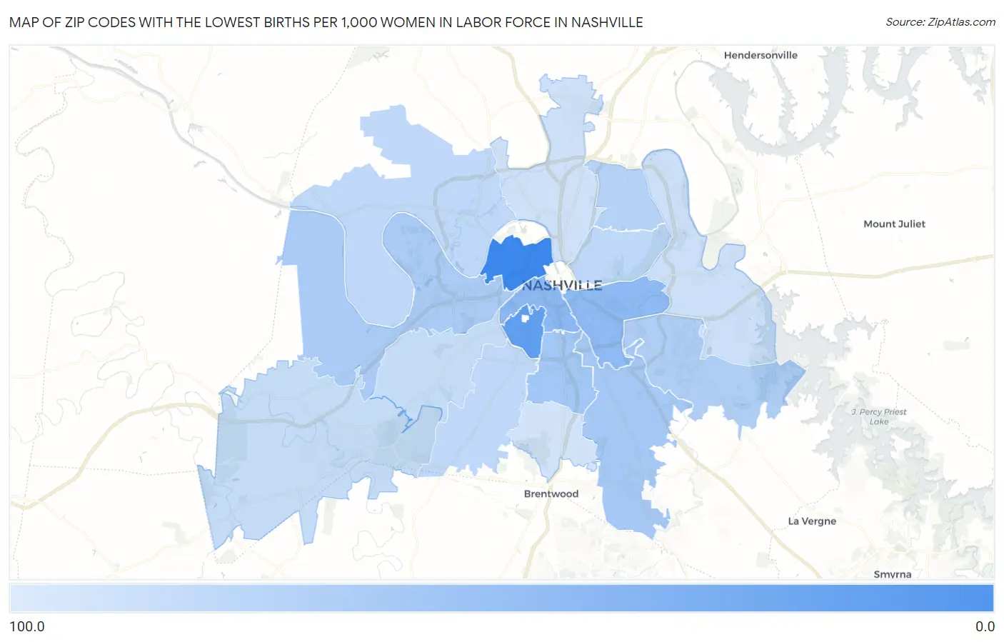 Zip Codes with the Lowest Births per 1,000 Women in Labor Force in Nashville Map
