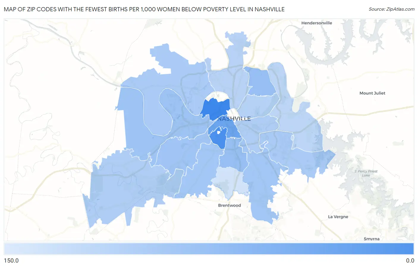 Zip Codes with the Fewest Births per 1,000 Women Below Poverty Level in Nashville Map
