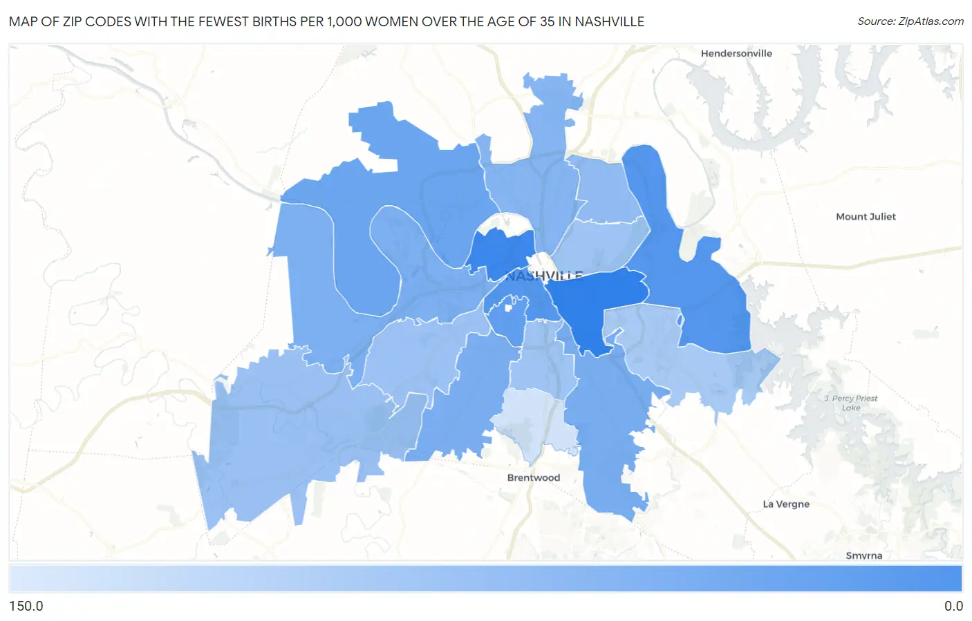 Zip Codes with the Fewest Births per 1,000 Women Over the Age of 35 in Nashville Map