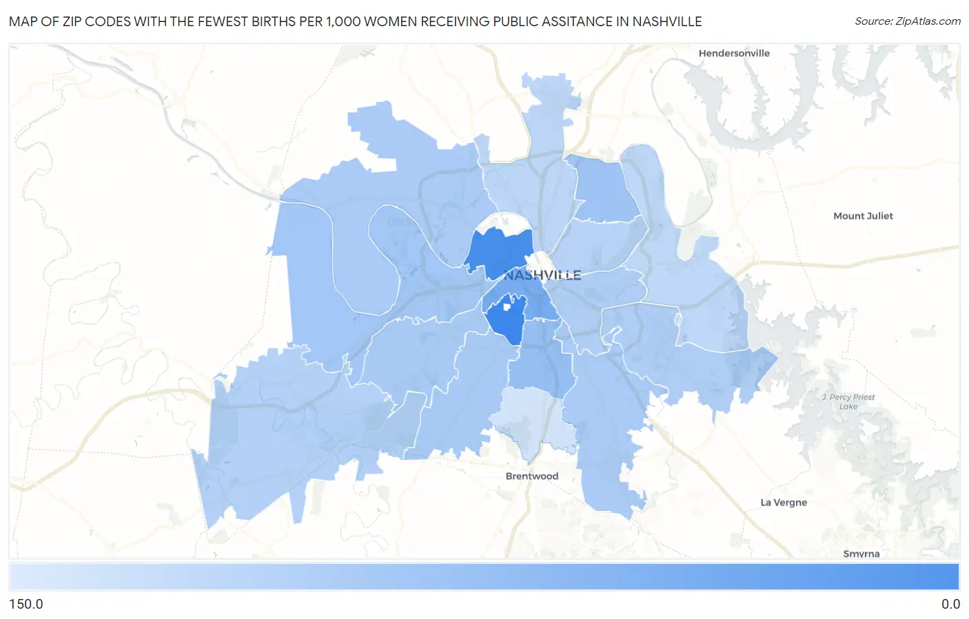 Zip Codes with the Fewest Births per 1,000 Women Receiving Public Assitance in Nashville Map