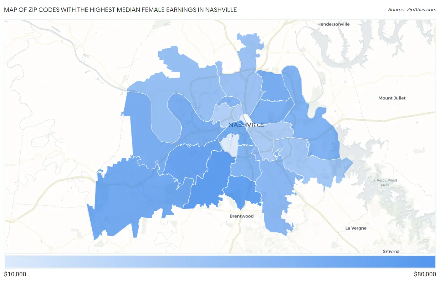 Zip Codes with the Highest Median Female Earnings in Nashville Map