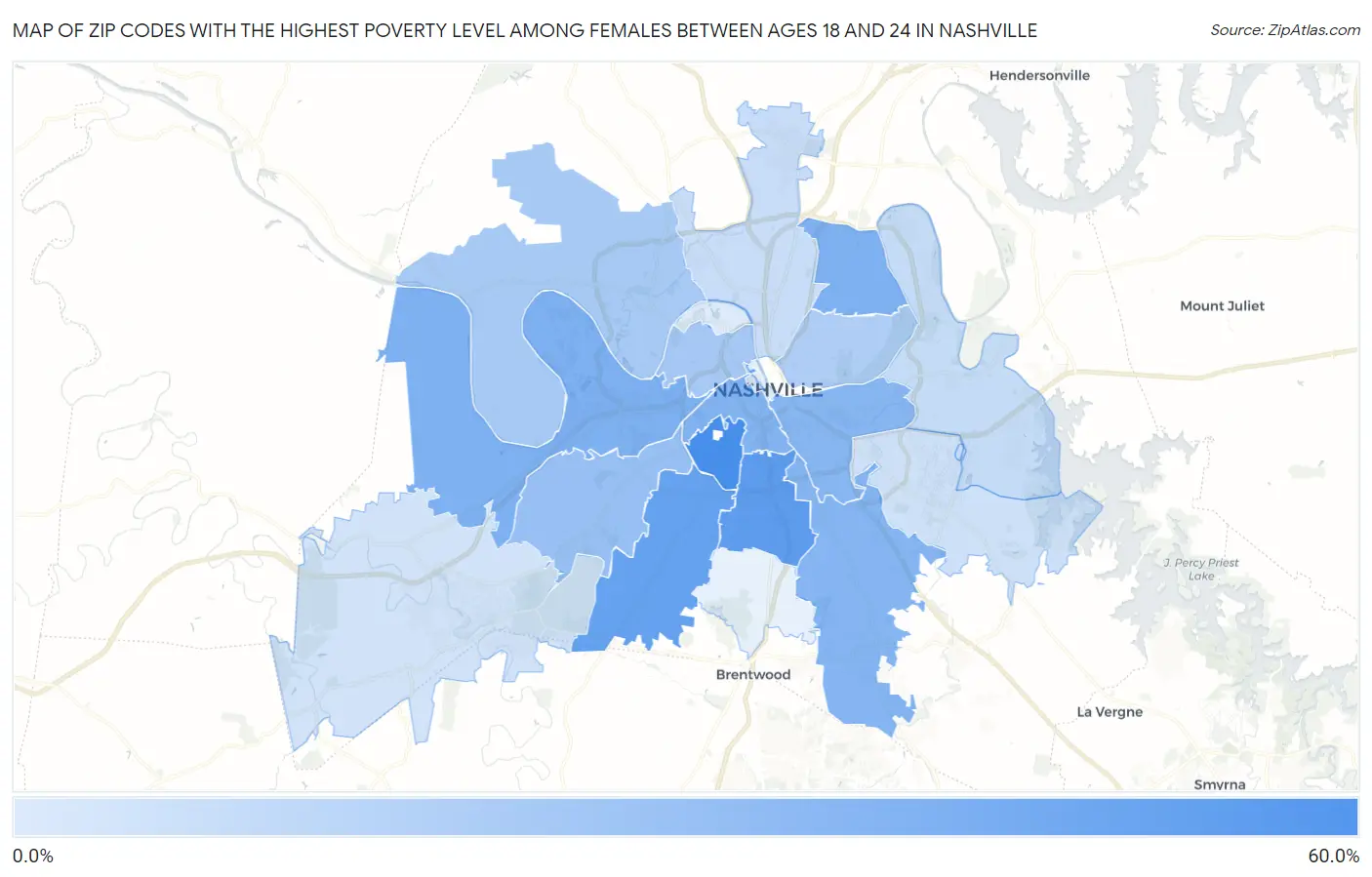 Zip Codes with the Highest Poverty Level Among Females Between Ages 18 and 24 in Nashville Map