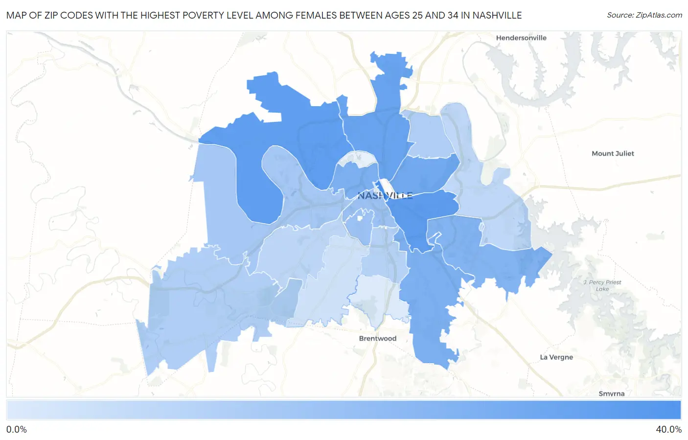 Zip Codes with the Highest Poverty Level Among Females Between Ages 25 and 34 in Nashville Map