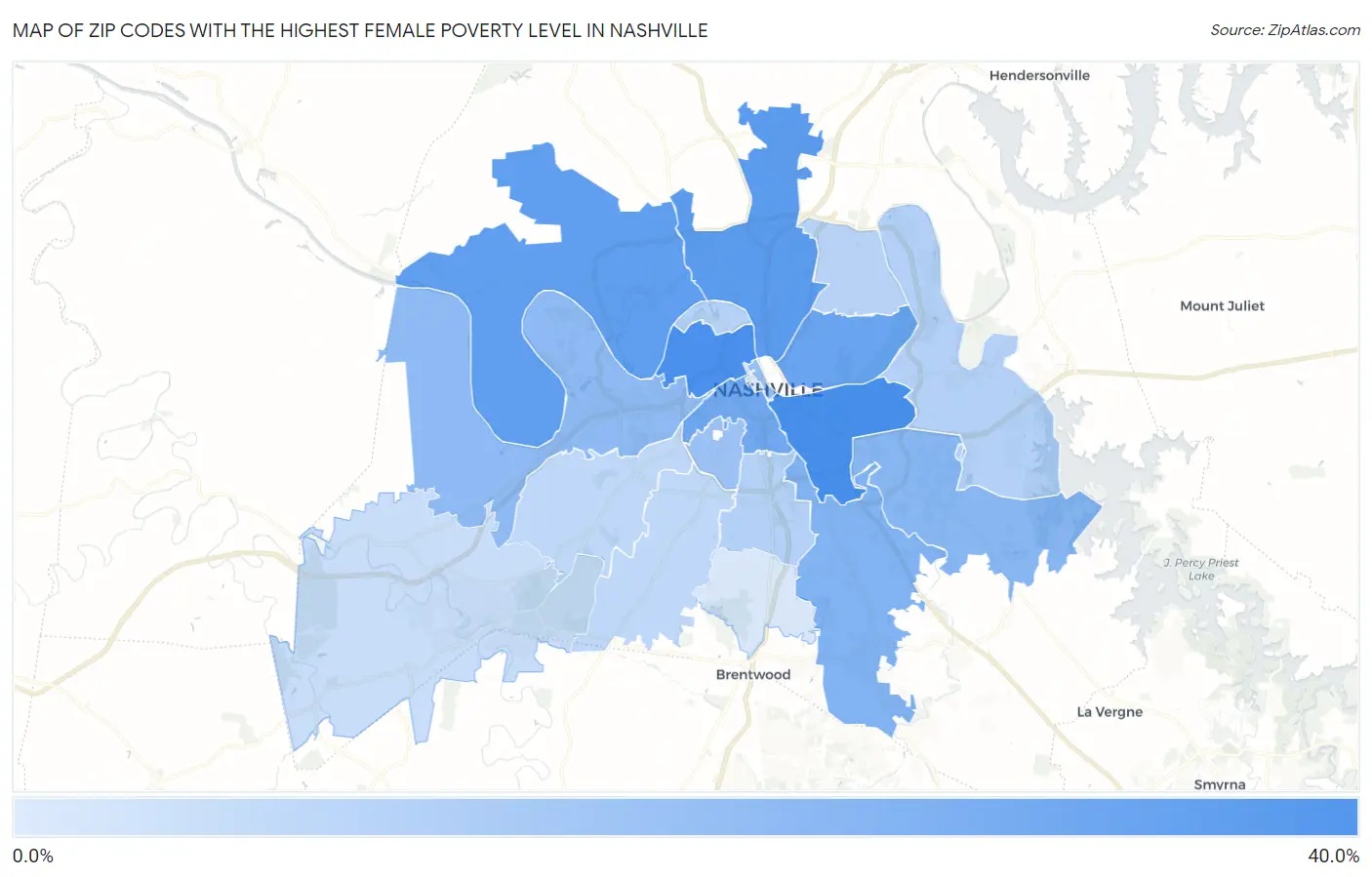 Zip Codes with the Highest Female Poverty Level in Nashville Map