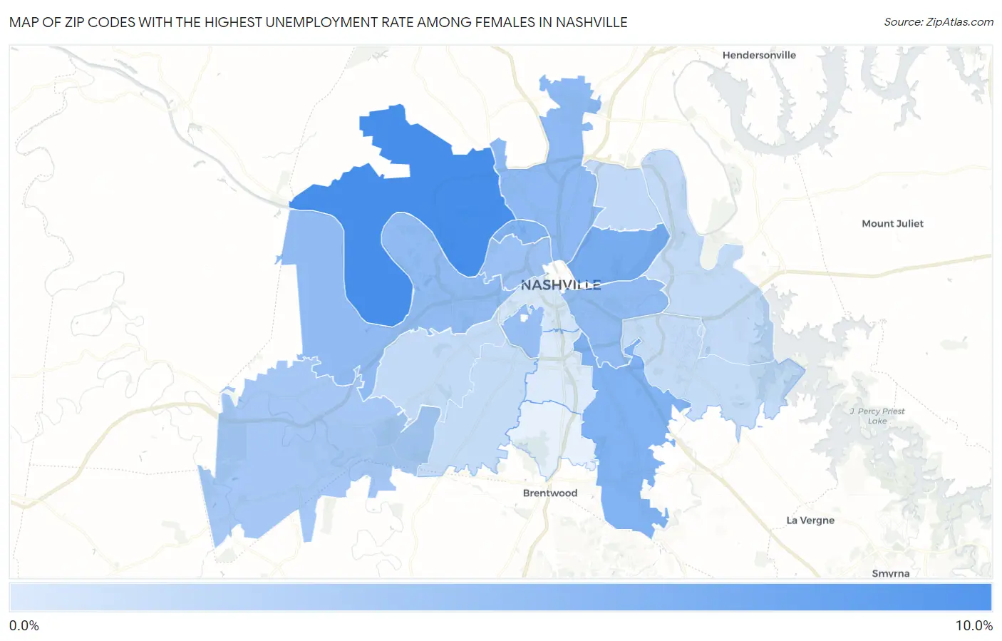 Zip Codes with the Highest Unemployment Rate Among Females in Nashville Map