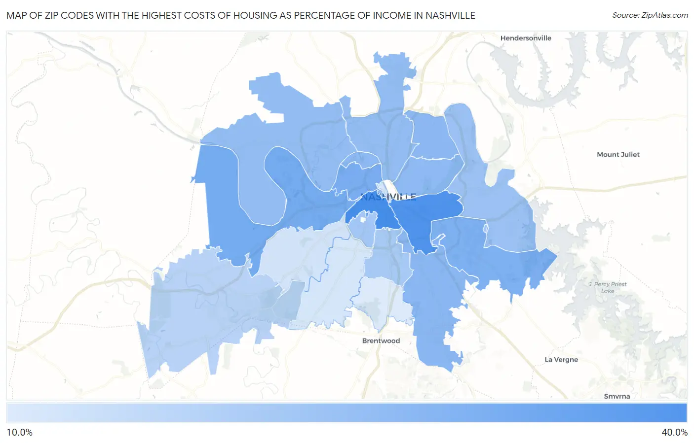 Zip Codes with the Highest Costs of Housing as Percentage of Income in Nashville Map
