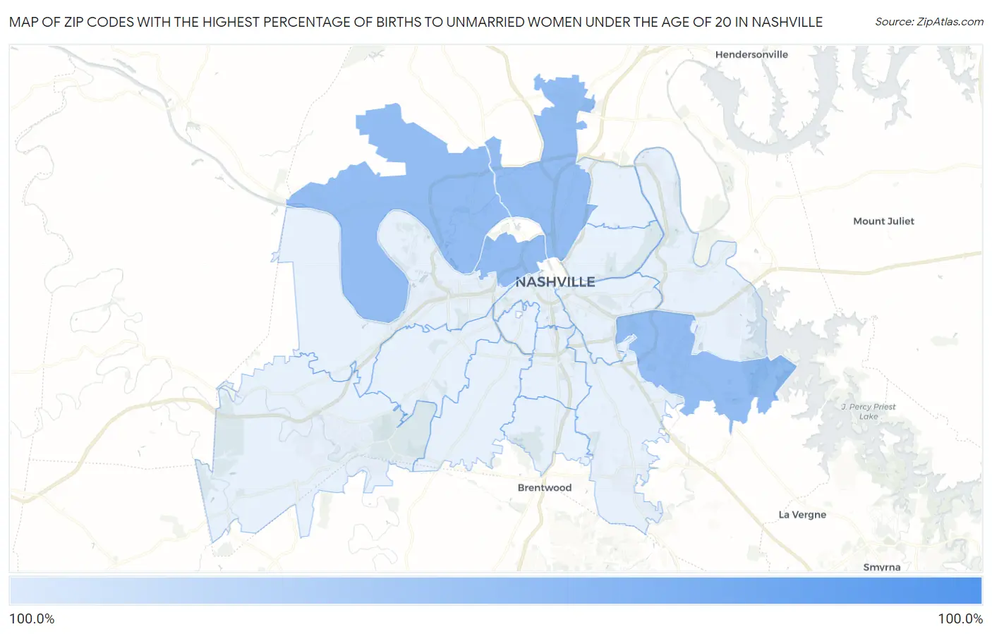 Zip Codes with the Highest Percentage of Births to Unmarried Women under the Age of 20 in Nashville Map