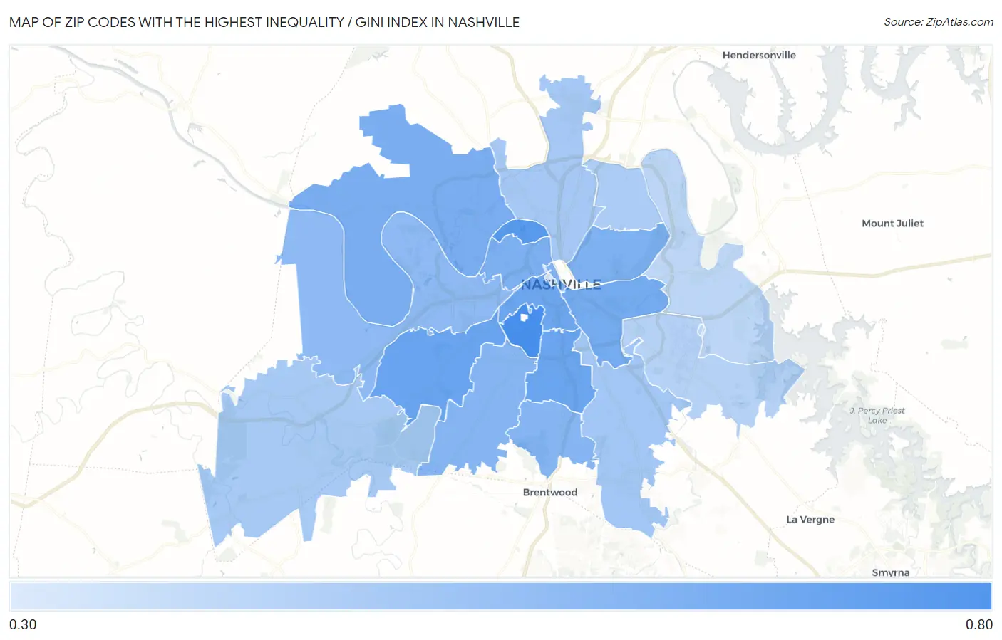 Zip Codes with the Highest Inequality / Gini Index in Nashville Map