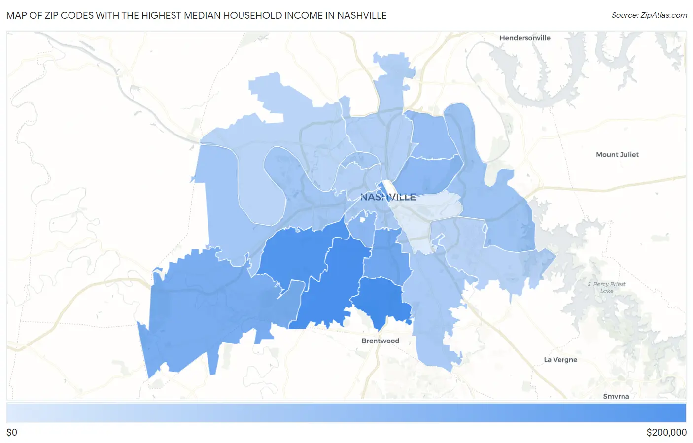 Zip Codes with the Highest Median Household Income in Nashville Map